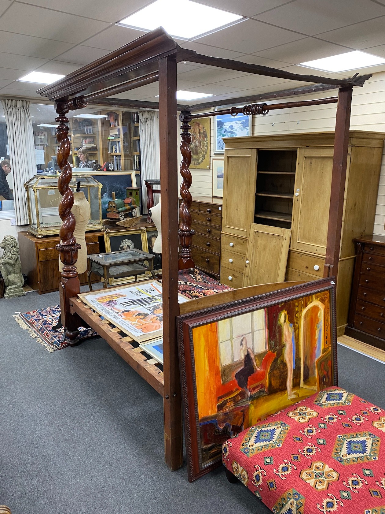 A Victorian and later mahogany four poster bedframe, width 147cm, length 200cm, height 236cm